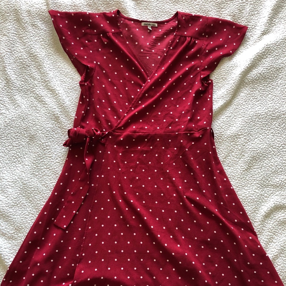 Red with white polka dots, V-neck wrap dress